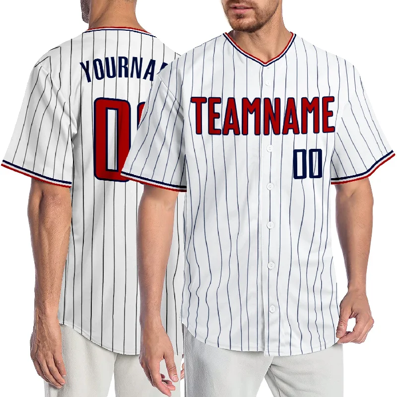 Personalized Baseball Jersey-Custom White Navy Pinstripe Red-Navy Authentic Baseball Jersey