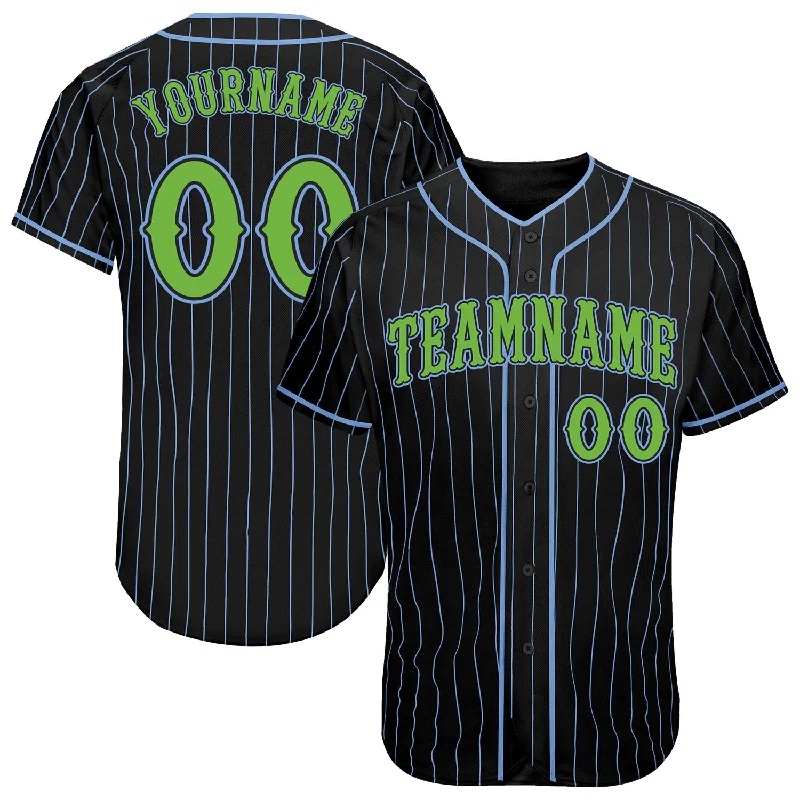 Baseball Jersey with Eye-catching Design-Custom Black Light Blue Pinstripe Neon Green Authentic Baseball Jersey