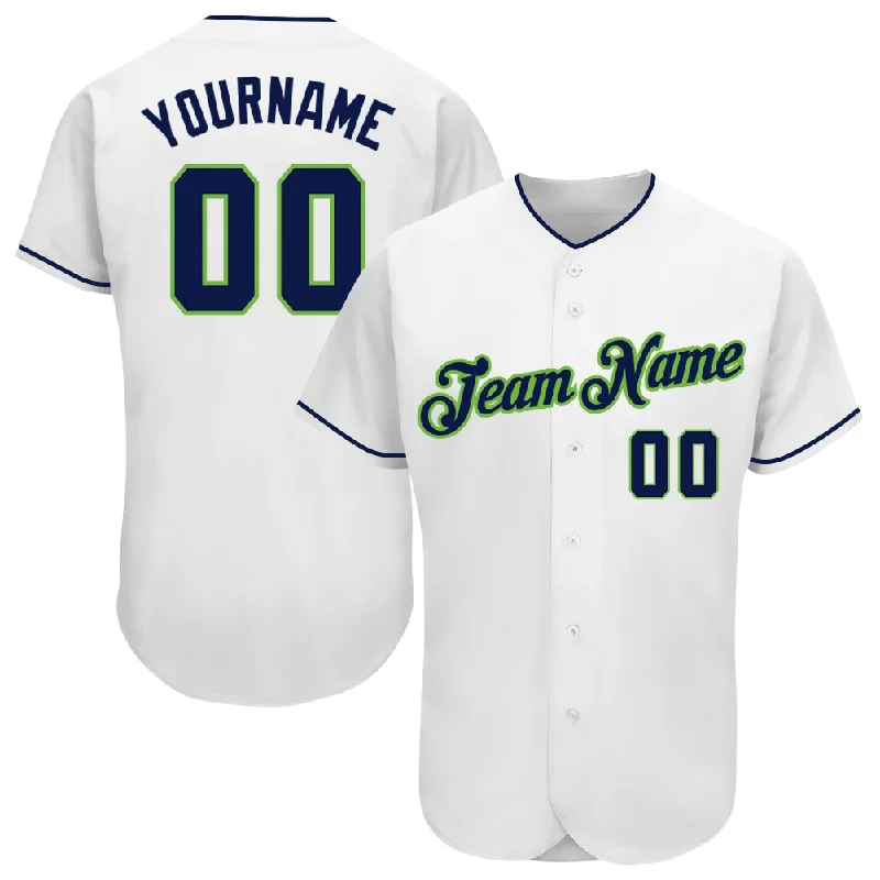 Embroidered Baseball Jersey-Custom White Navy-Neon Green Authentic Baseball Jersey