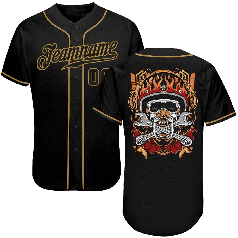 Baseball Jersey with Button Front-Custom Black Black-Old Gold Authentic Skull Fashion Baseball Jersey