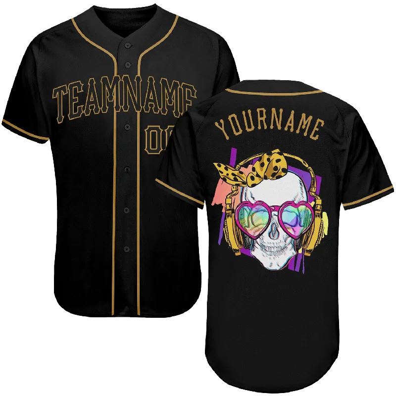 Baseball Jersey for Senior League-Custom Black Black-Old Gold Authentic Skull Fashion Baseball Jersey