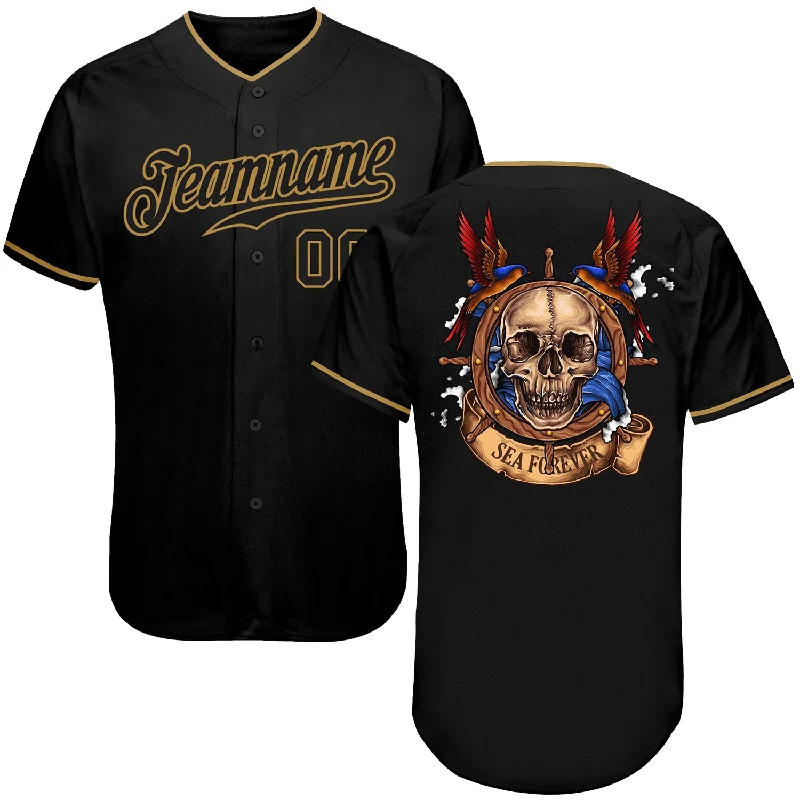 Unique Baseball Jersey-Custom Black Black-Old Gold Authentic Skull Fashion Baseball Jersey