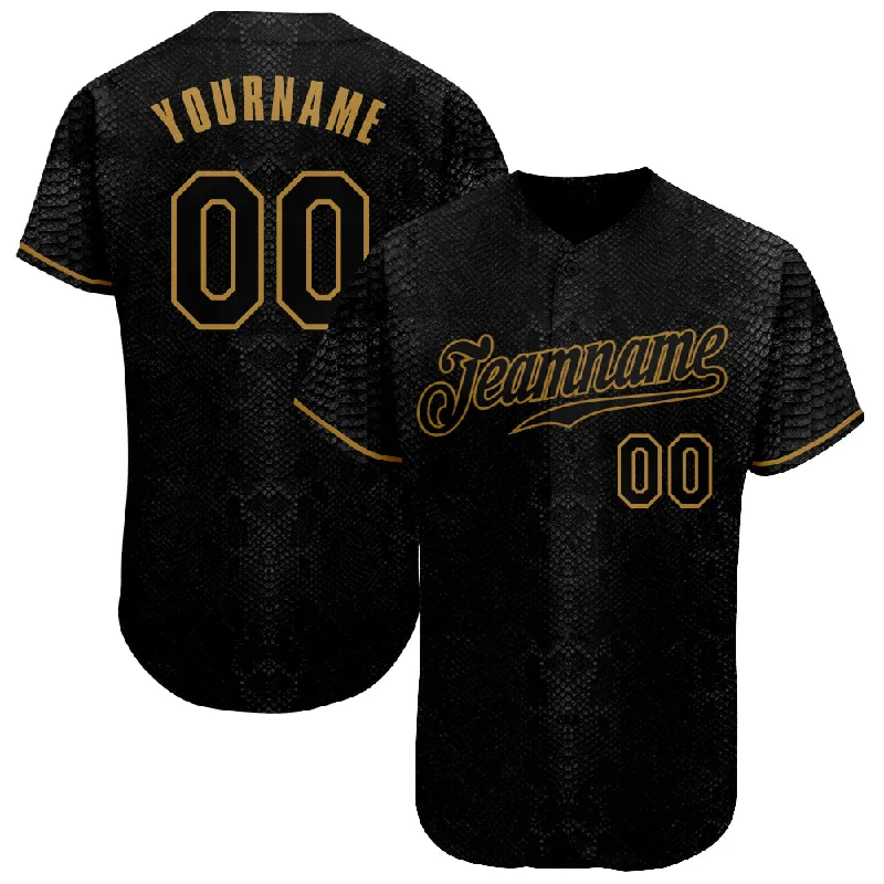 Baseball Jersey with Custom Patterns-Custom Black Snakeskin Black-Old Gold 3D Pattern Design Authentic Baseball Jersey