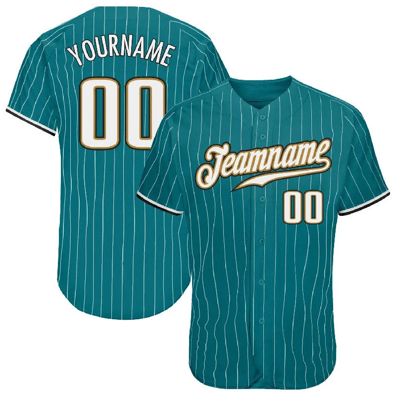 Baseball Jersey with Patch-Custom Teal White Pinstripe White-Old Gold Authentic Baseball Jersey