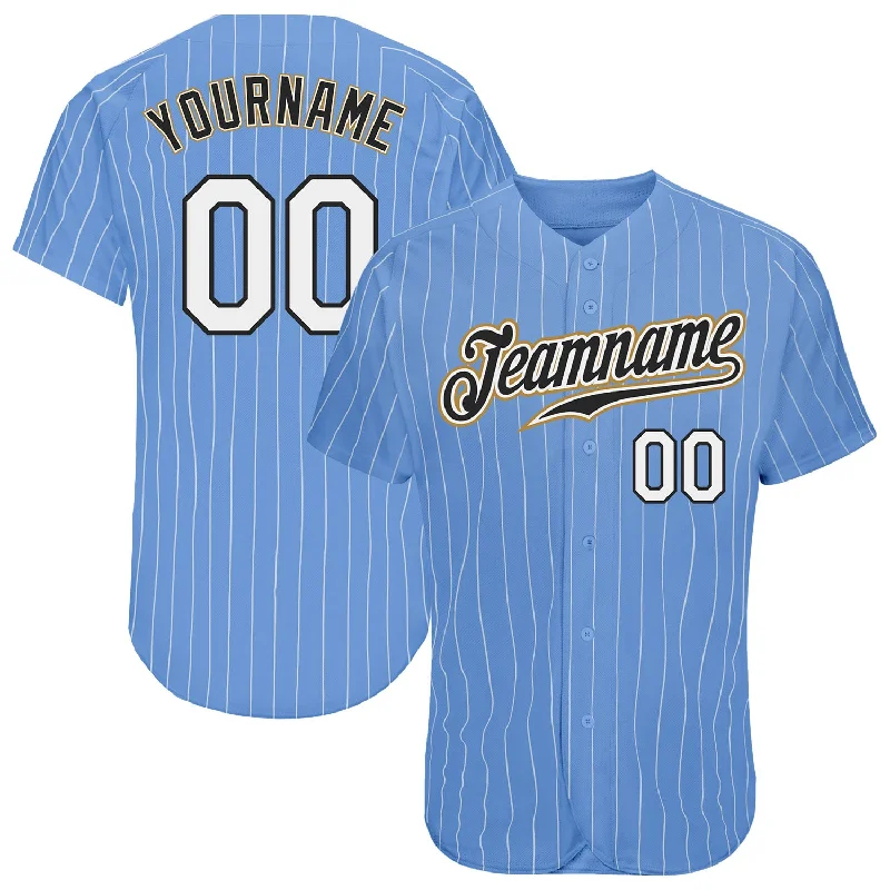 Baseball Jersey with Custom Patches-Custom Light Blue White Pinstripe White-Old Gold Authentic Baseball Jersey