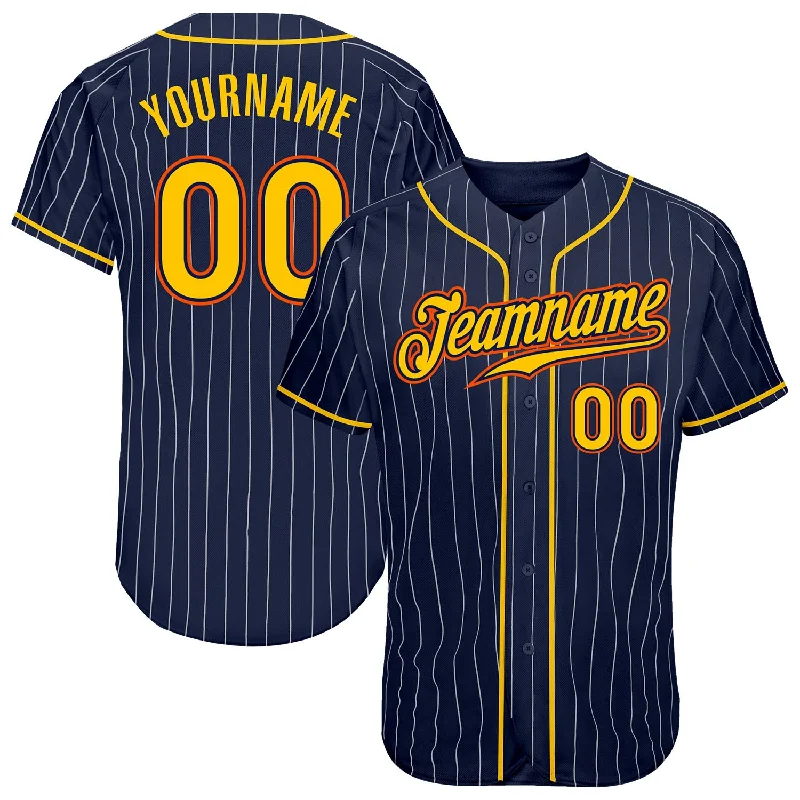 Baseball Jersey for New Players-Custom Navy White Pinstripe Gold-Orange Authentic Baseball Jersey