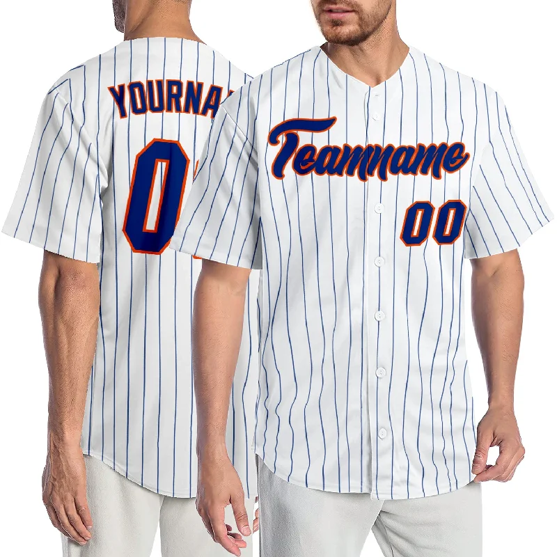 Custom Baseball Jersey with Player Details-Custom White Royal Pinstripe Royal-Orange Authentic Baseball Jersey