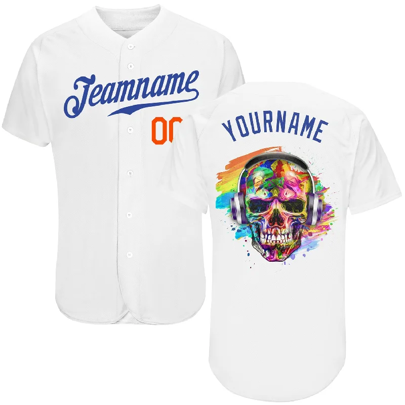 Custom Baseball Jersey for Fans-Custom White Royal-Orange Authentic Skull Fashion Baseball Jersey