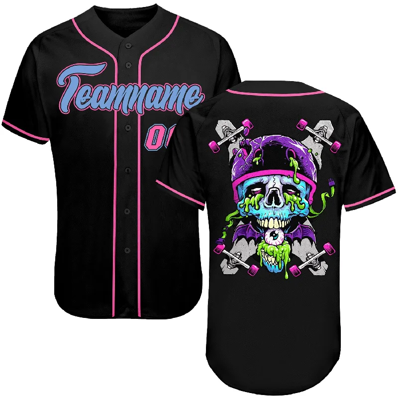 Baseball Jersey for Adult-Custom Black Light Blue-Pink Authentic Skull Fashion Baseball Jersey