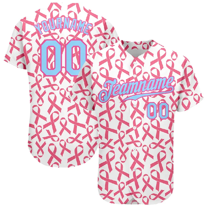 Baseball Jersey for Professional Baseball-Custom Pink Light Blue-Pink 3D Pattern Design Breast Cancer Authentic Baseball Jersey