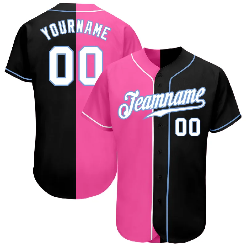 Baseball Jersey with Custom Patches-Custom Black White-Pink Authentic Split Fashion Baseball Jersey