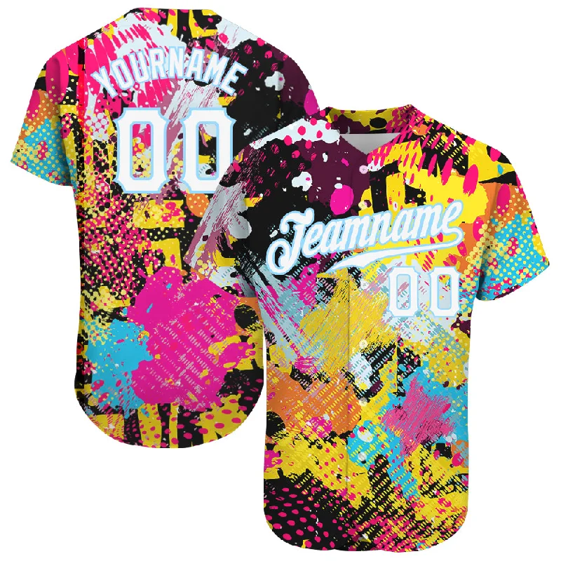 Baseball Jersey with Stretch Fabric-Custom Graffiti Bright Psychedelic Pattern White-Light Blue 3D Authentic Baseball Jersey