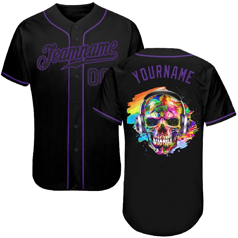 Cool Baseball Jersey-Custom Black Black-Purple Authentic Skull Fashion Baseball Jersey