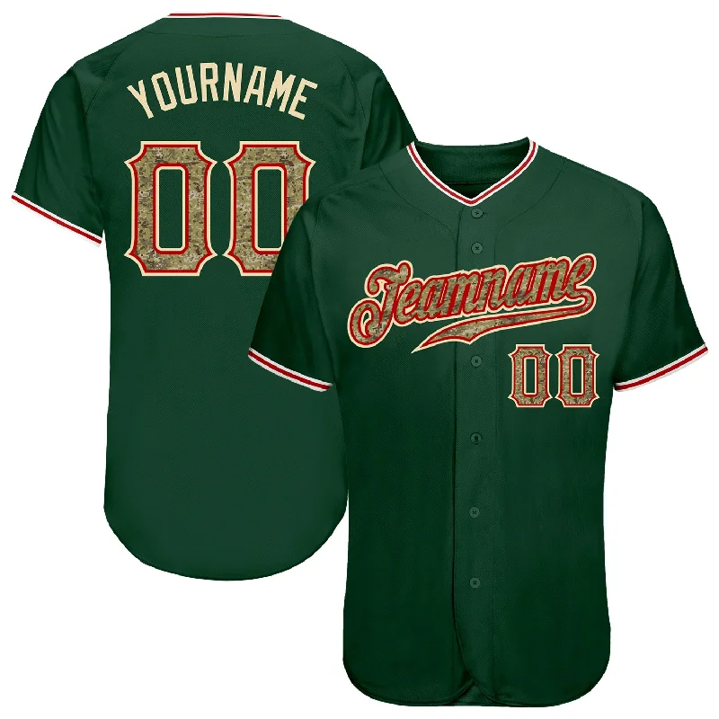 Baseball Jersey with Adjustable Fit-Custom Green Camo-Red Authentic Baseball Jersey