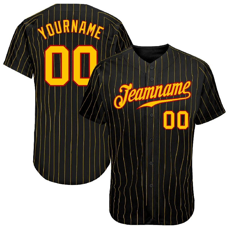 Baseball Jersey for Home Uniforms-Custom Black Gold Pinstripe Gold-Red Authentic Baseball Jersey