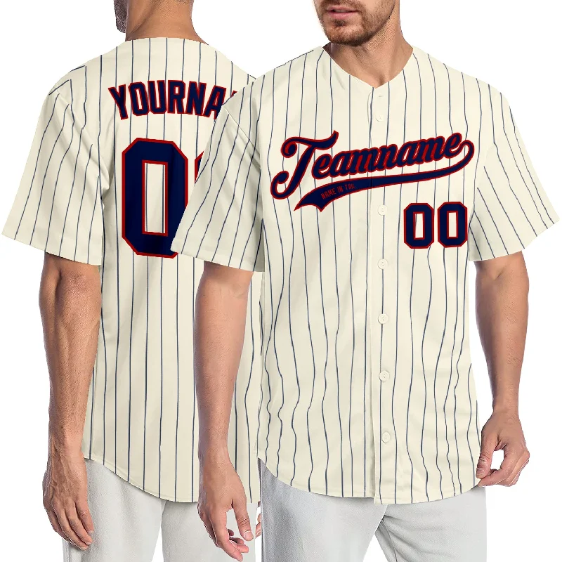 Baseball Jersey with Logo Print-Custom Cream Navy Pinstripe Navy-Red Authentic Baseball Jersey