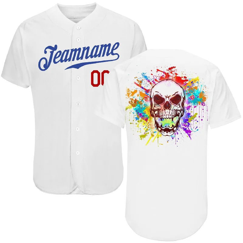 Baseball Jersey with Full Sleeves-Custom White Royal-Red Authentic Skull Fashion Baseball Jersey