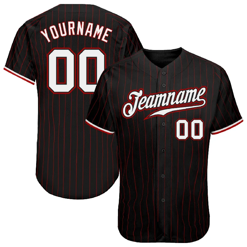 Baseball Jersey with Soft Touch Fabric-Custom Black Red Pinstripe White-Red Authentic Baseball Jersey