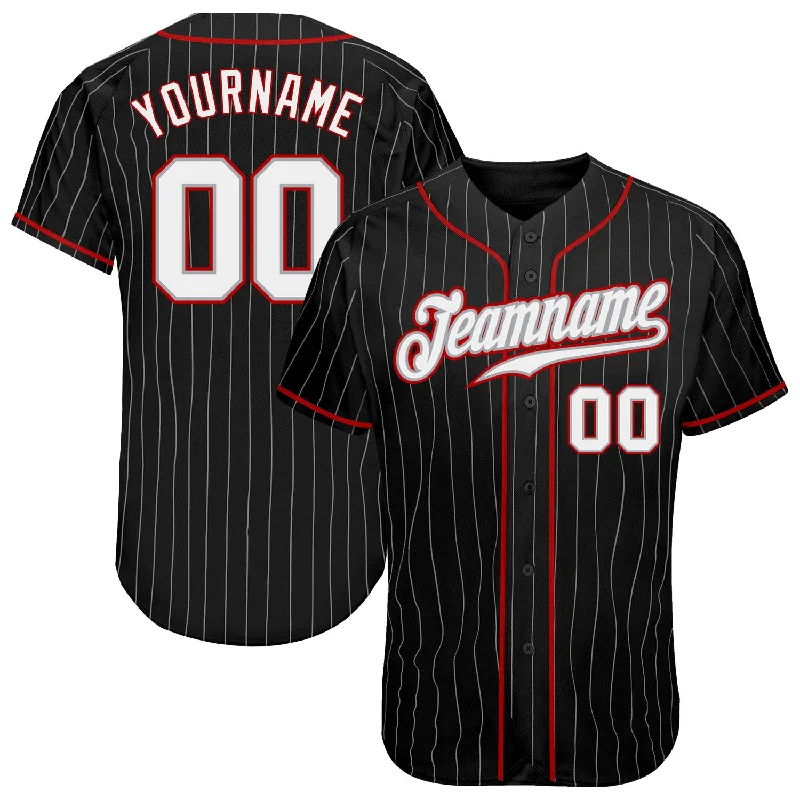 Baseball Jersey for Holiday Events-Custom Black Gray Pinstripe White-Red Authentic Baseball Jersey