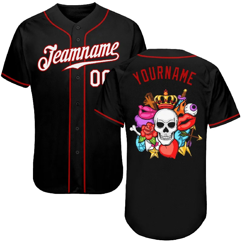 Personalized Kids Baseball Jersey-Custom Black White-Red Authentic Skull Fashion Baseball Jersey