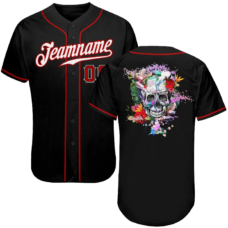 Comfortable Baseball Jersey-Custom Black White-Red Authentic Skull Fashion Baseball Jersey