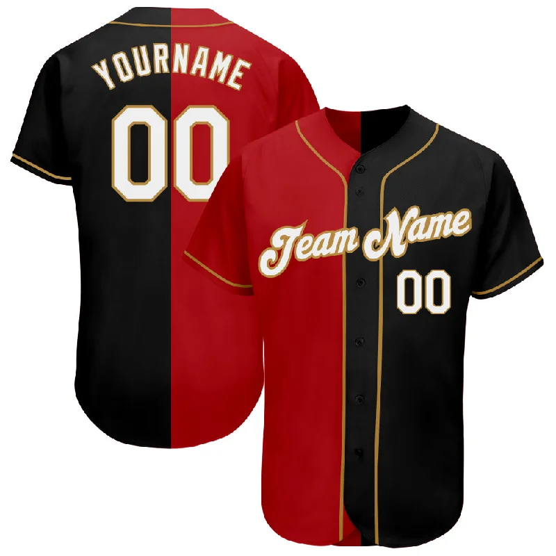 Baseball Jersey with Stretch Fabric-Custom Black White-Red Old Gold Authentic Split Fashion Baseball Jersey