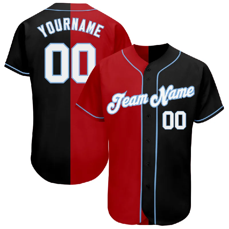 Baseball Jersey for College Players-Custom Black White-Red Light Blue Authentic Split Fashion Baseball Jersey