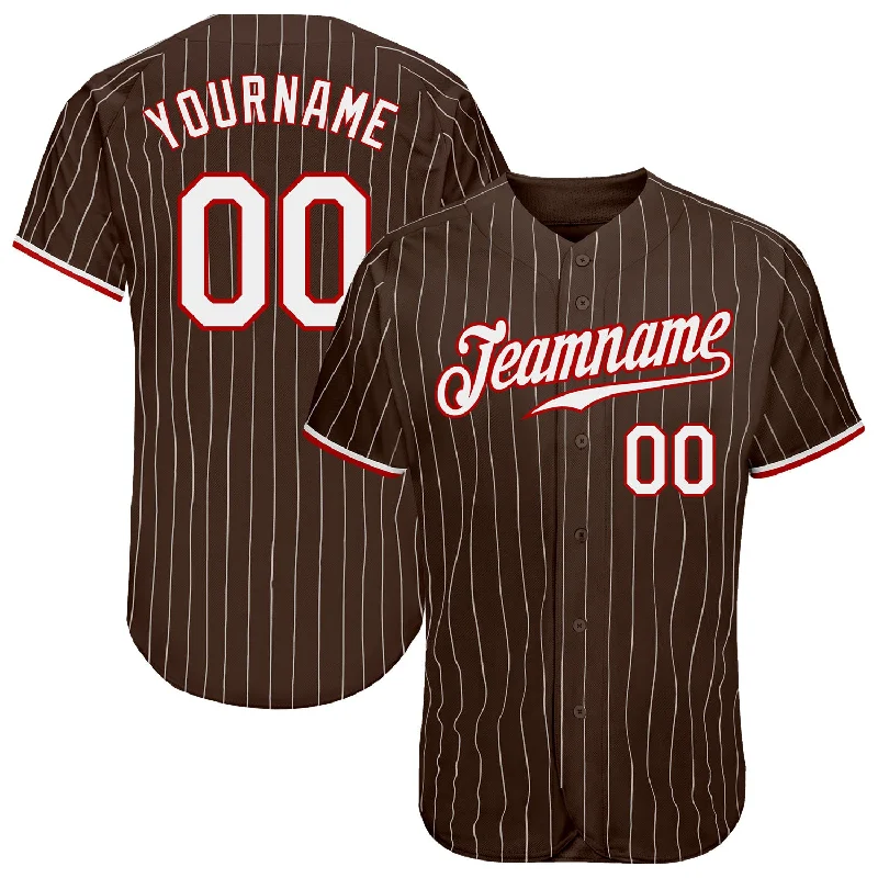 Baseball Jersey with Logo-Custom Brown White Pinstripe White-Red Authentic Baseball Jersey