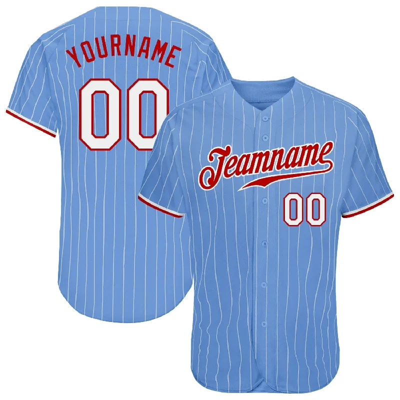 Personalized Kids Baseball Jersey-Custom Light Blue White Pinstripe White-Red Authentic Baseball Jersey