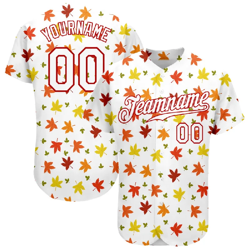 Baseball Jersey with Quick-Dry Technology-Custom White White-Red 3D Pattern Design Autumn Leaves Authentic Baseball Jersey