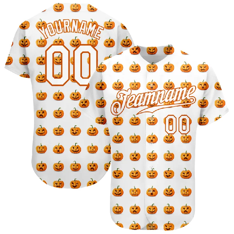 Baseball Jersey with Loose Fit-Custom White White-Texas Orange 3D Pattern Design Halloween Pumpkins Funny Faces Authentic Baseball Jersey