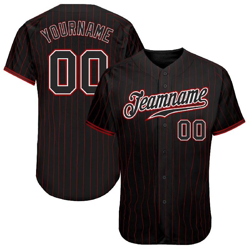 Baseball Jersey with Quick-Dry Technology-Custom Black Red Pinstripe Black-White Authentic Baseball Jersey