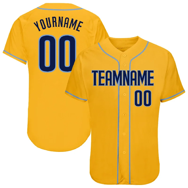 Baseball Jersey with Button Closure-Custom Gold Navy-Light Blue Authentic Baseball Jersey