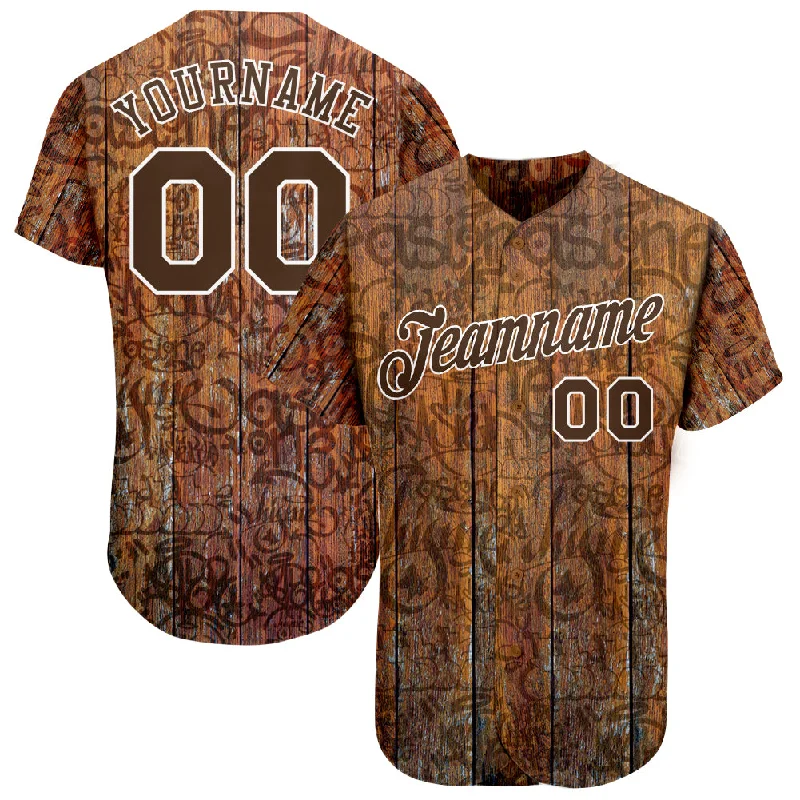 Baseball Jersey with Mesh Design-Custom Graffiti Pattern Brown-White 3D Wood Authentic Baseball Jersey