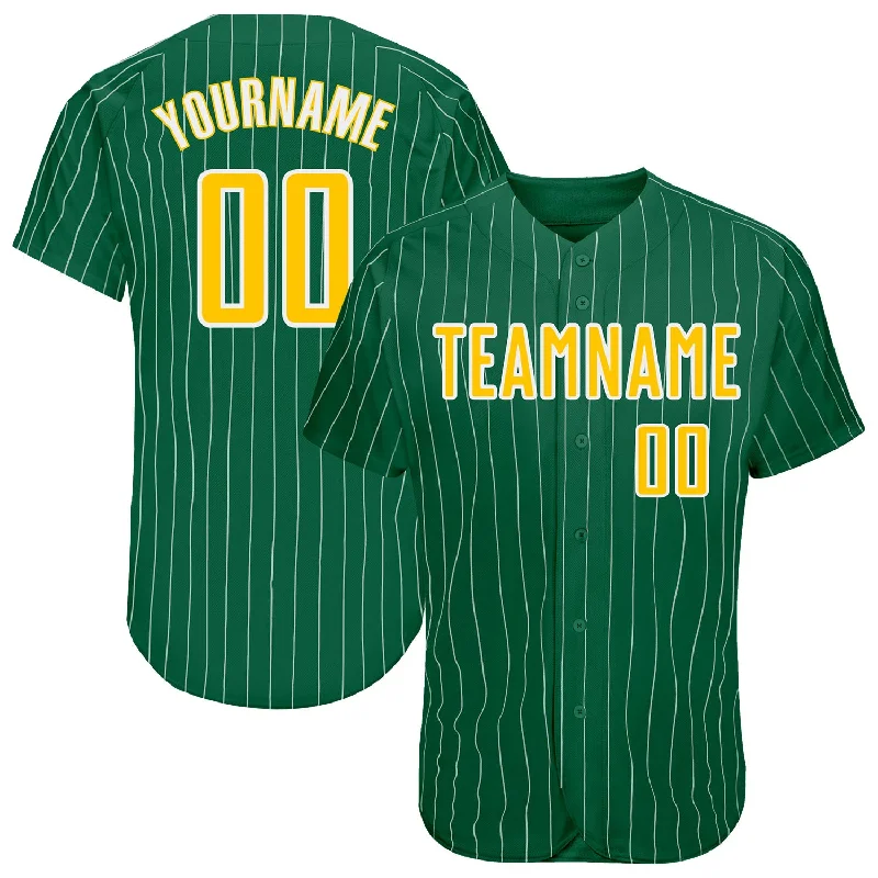 Baseball Jersey with Cool Technology-Custom Kelly Green White Pinstripe Gold-White Authentic Baseball Jersey