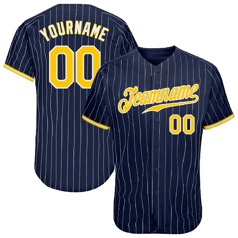 Baseball Jersey with Custom Emblems-Custom Navy White Pinstripe Gold-White Authentic Baseball Jersey