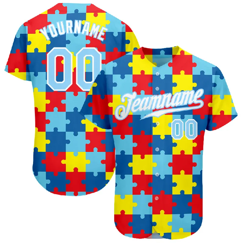 Baseball Jersey with Sport Design-Custom Autism Awareness Puzzle Pieces Light Blue-White 3D Authentic Baseball Jersey