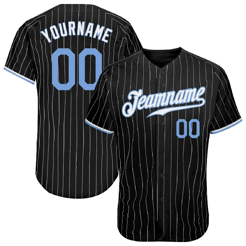 Baseball Jersey with Team Apparel-Custom Black White Pinstripe Light Blue-White Authentic Baseball Jersey