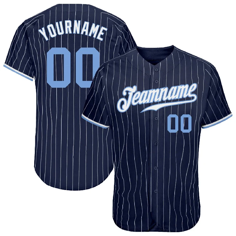 Baseball Jersey with Bold Stripes-Custom Navy White Pinstripe Light Blue-White Authentic Baseball Jersey