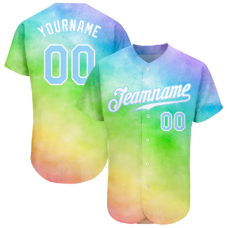 Baseball Jersey for Baseball Clubs-Custom Tie Dye Light Blue-White 3D Rainbow Authentic Baseball Jersey