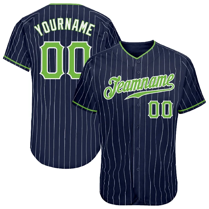 Baseball Jersey with Flag Design-Custom Navy White Pinstripe Neon Green-White Authentic Baseball Jersey