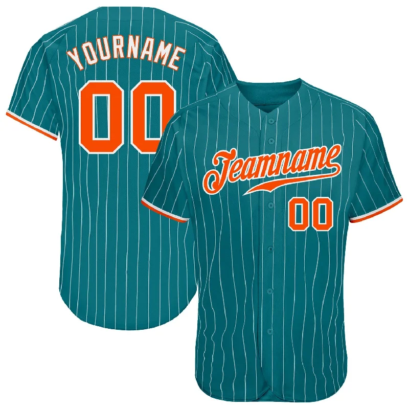 Baseball Jersey with Custom Logo-Custom Teal White Pinstripe Orange-White Authentic Baseball Jersey