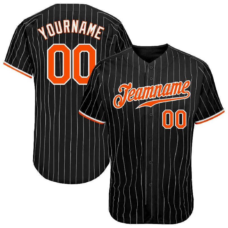 Baseball Jersey with Bold Lettering-Custom Black White Pinstripe Orange-White Authentic Baseball Jersey