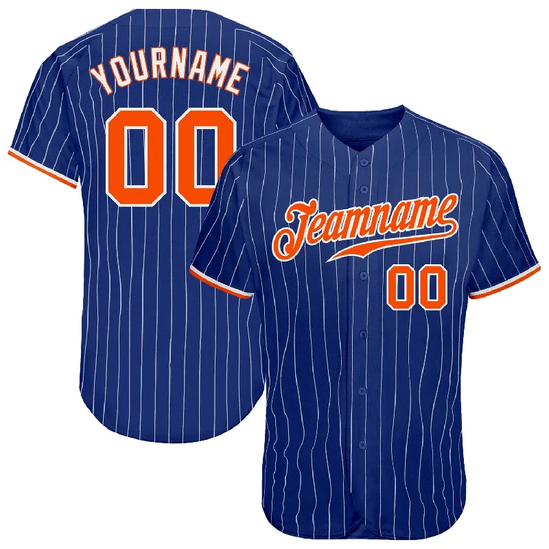 Baseball Jersey with Numbered Sleeves-Custom Royal White Pinstripe Orange-White Authentic Baseball Jersey