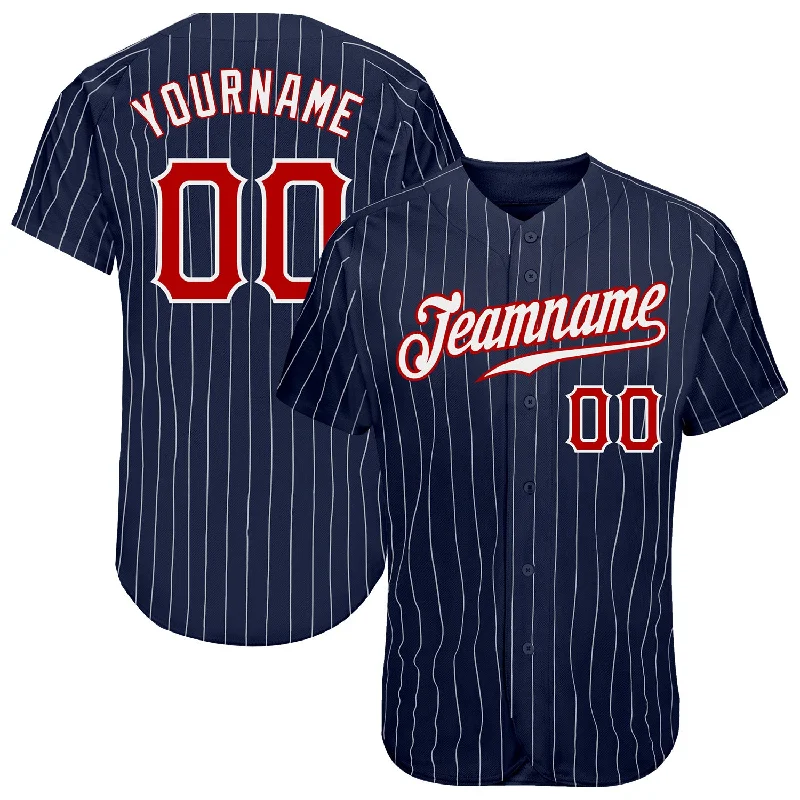 Baseball Jersey with Elastic Waist-Custom Navy White Pinstripe Red-White Authentic Baseball Jersey