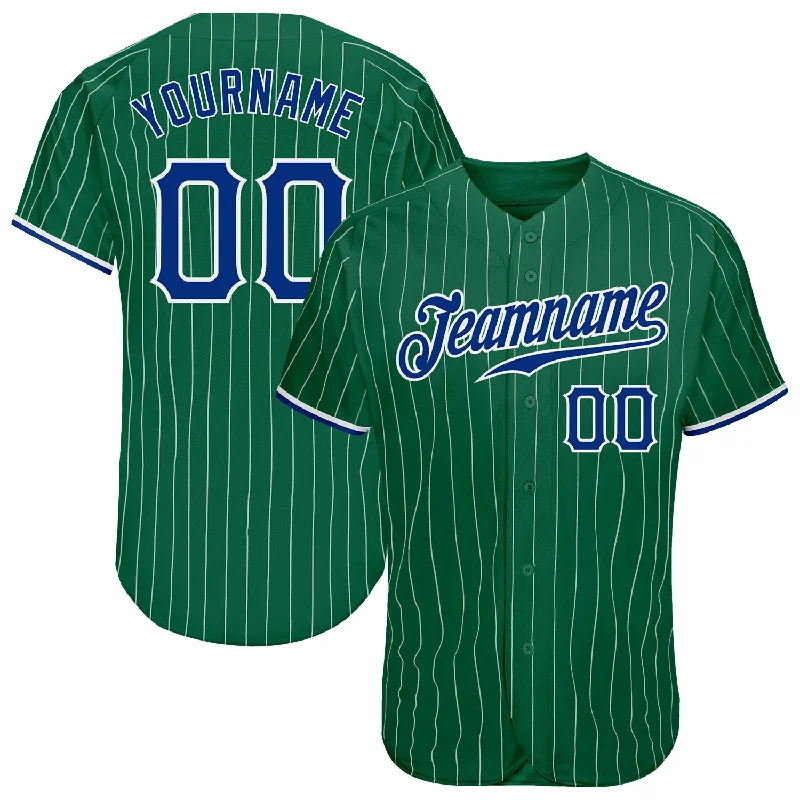 Baseball Jersey with Button Closure-Custom Kelly Green White Pinstripe Royal-White Authentic Baseball Jersey