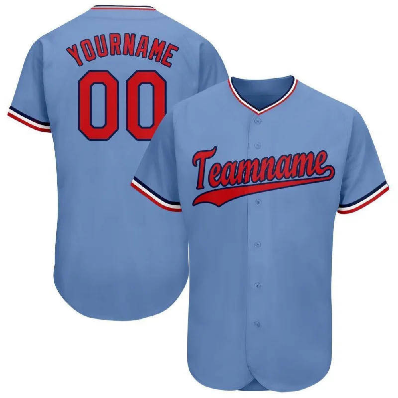 Baseball Jersey with Patch-Custom Light Blue Red-Navy Baseball Jersey