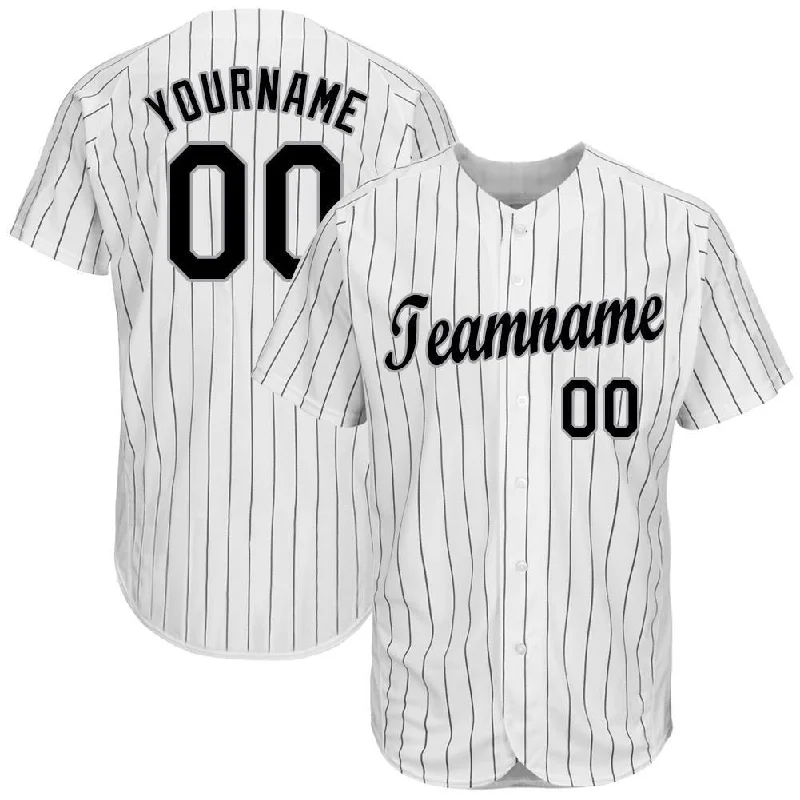 Baseball Jersey with Snap Button-Custom White Black Pinstripe Black-Gray Baseball Jersey