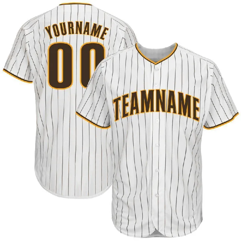 Baseball Jersey for Local Teams-Custom White Brown Pinstripe Brown-Gold Baseball Jersey