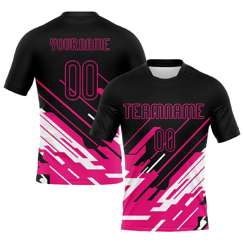 Custom Volleyball Jersey with Patches-Custom Black Pink-White Lines Sublimation Volleyball Uniform Jersey